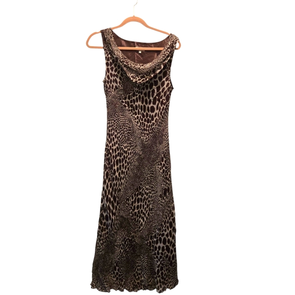 Vintage Y2K Midi Dress 12 Giraffe 100% Silk Neutral Brown Cowl Neck Animal Print